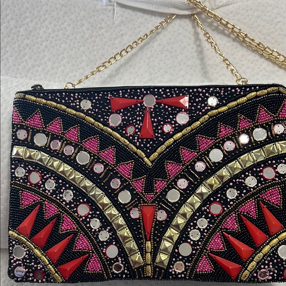 Black and Gold Embroidered Clutch with Art of beaded  and mirrors Deco Design